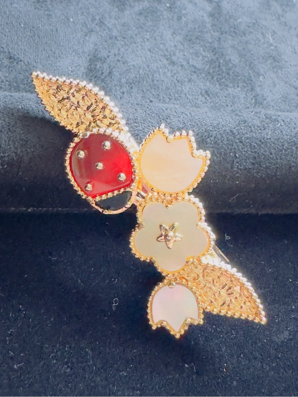 Gold Floral Leaf Barrette with White and Red Accents